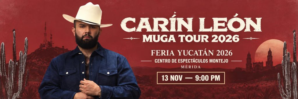Cartel panorámico de Carín León Muga Tour 2026 en Mérida, noviembre de 2026